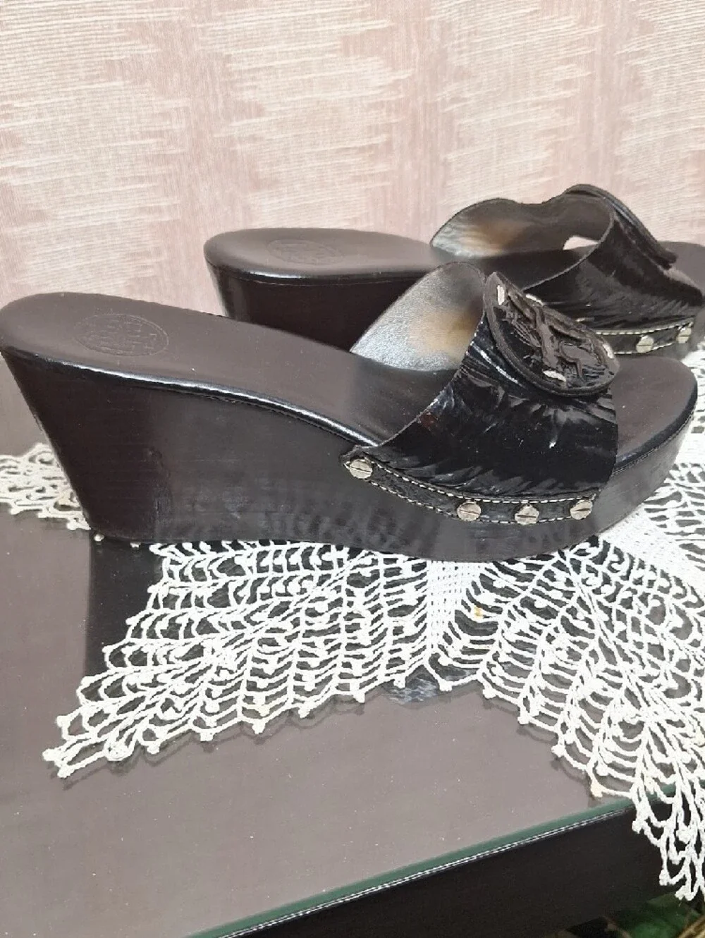 Tory Burch Black Patent Slide Mules with Logo Medallion